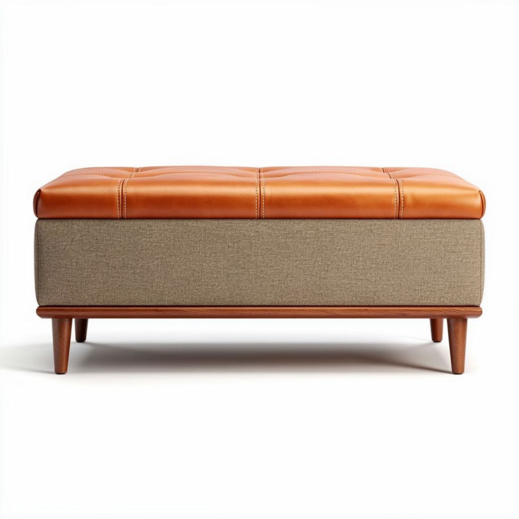 Pouf en cuir et tissu beige de 90 x 50 x 40 cm pour salon moderne