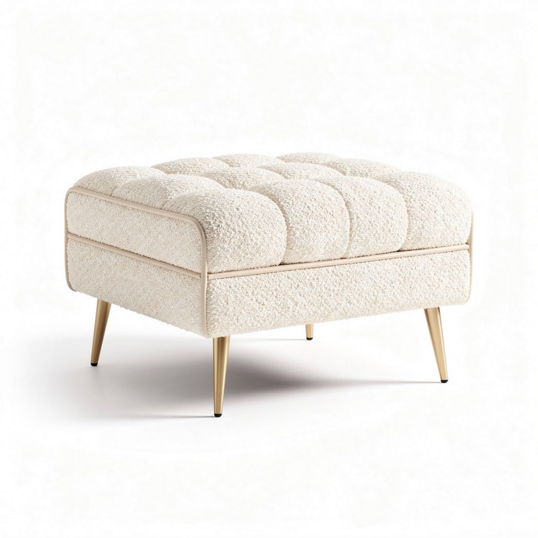 Pouf en tissu bouclé couleur crème avec pieds en bois 50 x 50 x 40cm