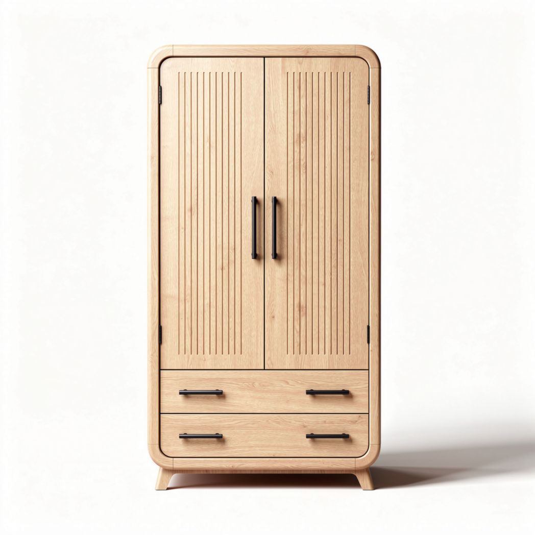 Armoire en bois naturel avec portes à lamelles et tiroirs 80 x 40 x 180cm