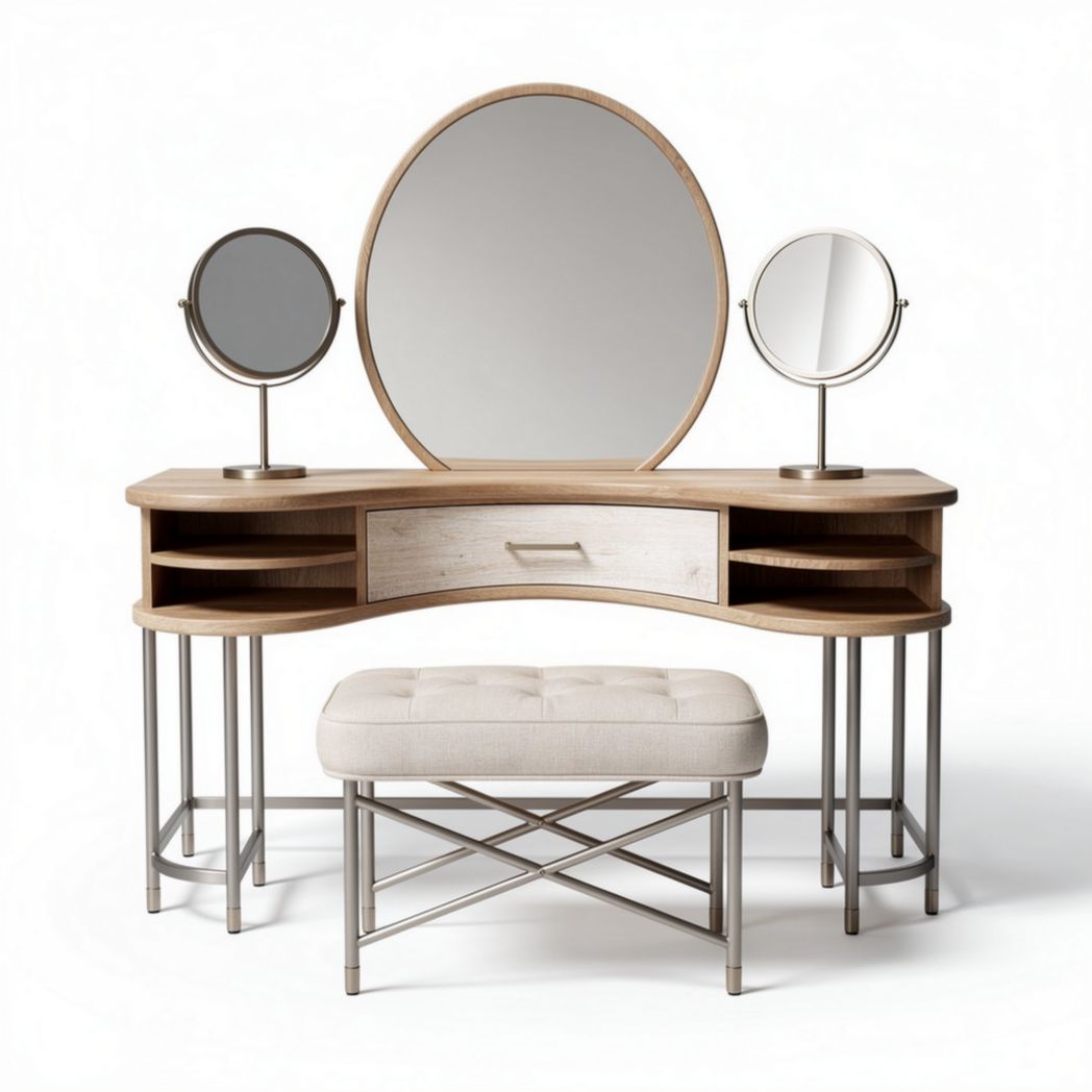 Coiffeuse en bois avec miroir rond et tabouret rembourré 120 x 45 x 75cm
