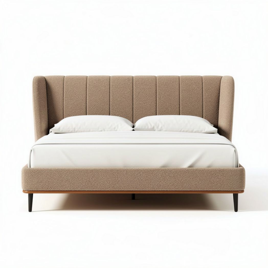 Lit double capitonné en tissu beige avec matelas 200 x 160 x 100cm