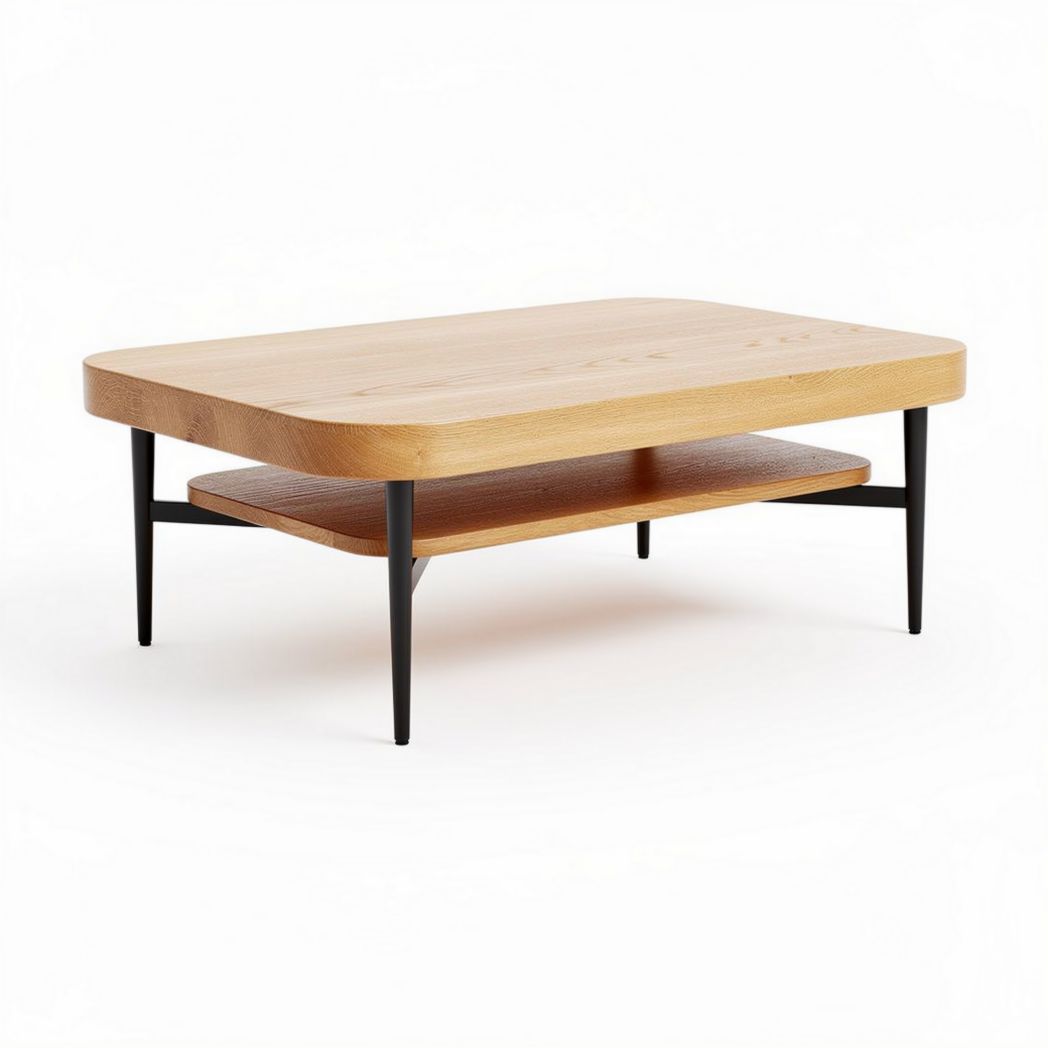 Table basse en bois naturel et métal noir 100 x 60 x 40cm avec étagère