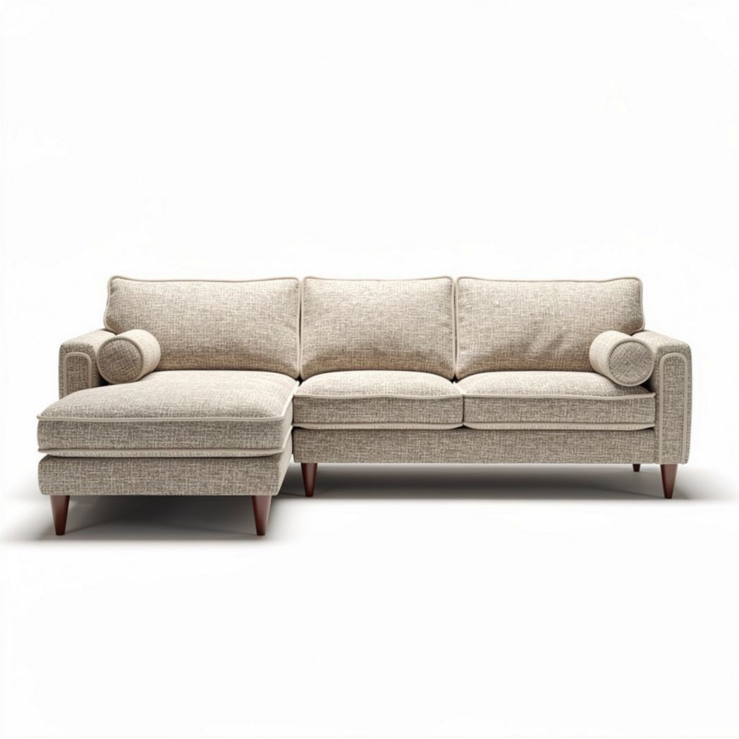 Canapé d'angle en tissu beige avec coussins déhoussables 230 x 90 x 85cm