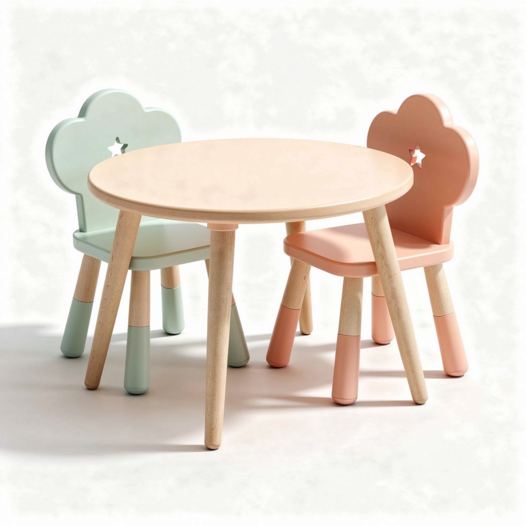 Table ronde en bois avec deux chaises colorées pour enfants 70 x 70 x 50cm