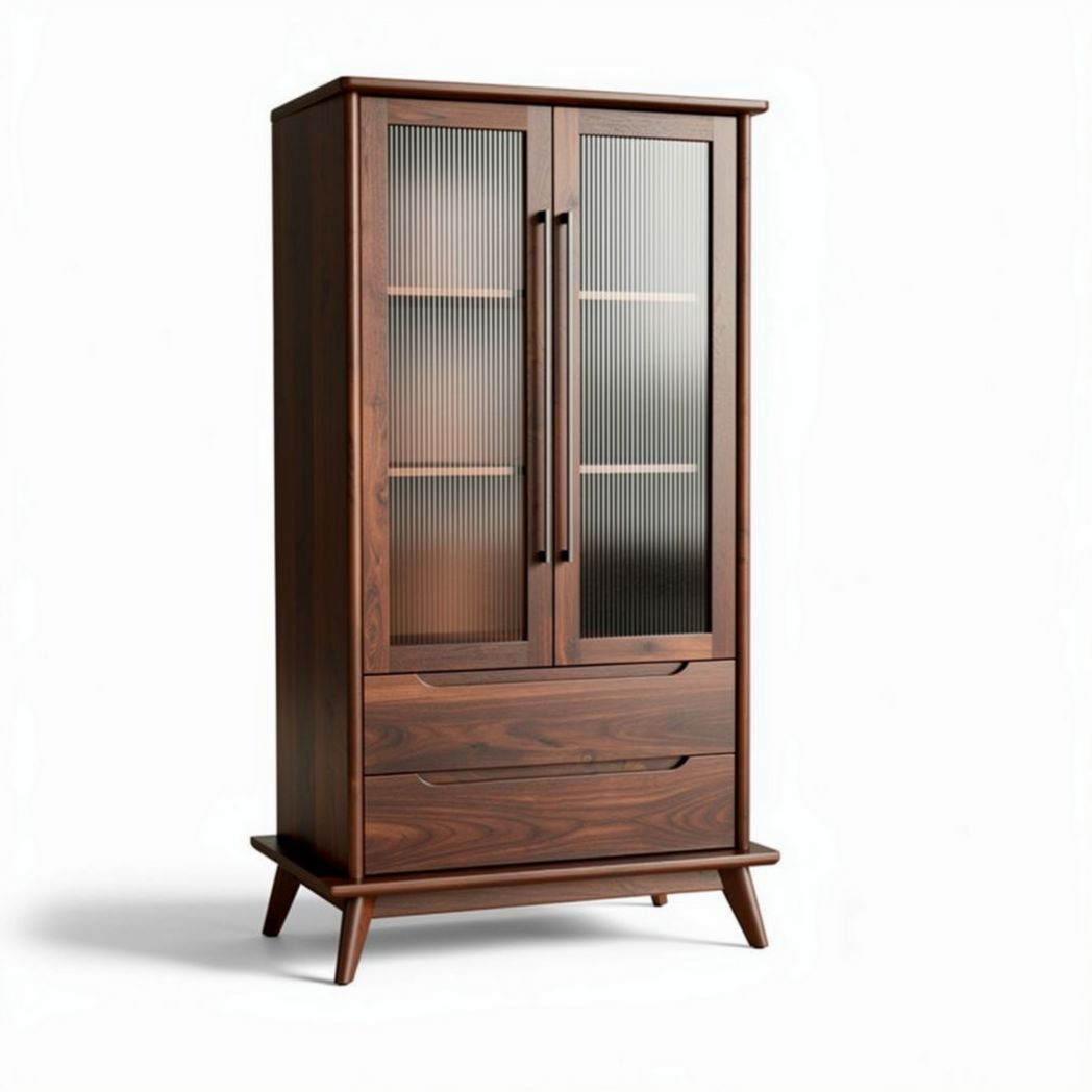 Armoire en bois finition noyer avec portes vitrées et tiroirs 80 x 40 x 180cm