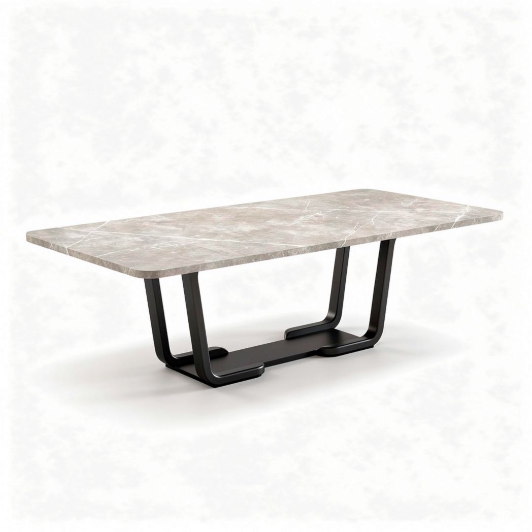 Table à manger rectangulaire en marbre gris dimensions 200 x 100 x 75cm avec pieds en métal noir